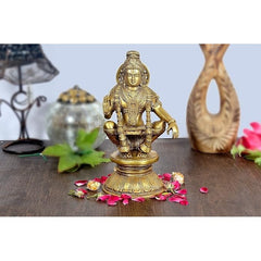 Brass Ayyappa figurine kneeling with blessing pose, 8.5 in tall