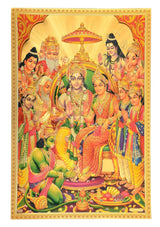 Ram Darbar wall poster with ornate gold border and multiple Hindu figures in worship