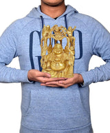 Man holding brass laughing Buddha statue with raised arms, home decor, 8 inch