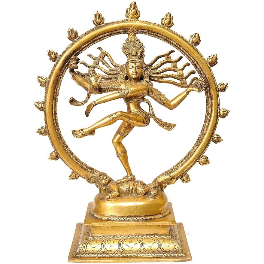 Brass Dancing Shiva Nataraja statue with circular halo, standing in dance pose, 11.5 in