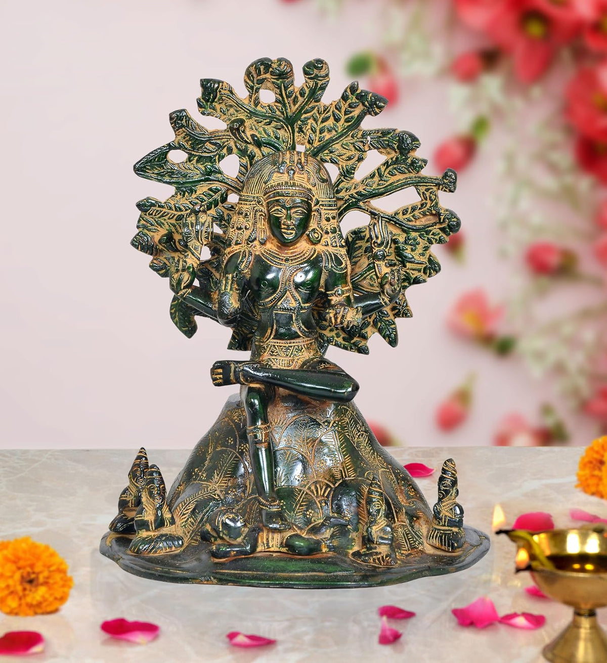 Brass Dakshinamurti Shiva statue, seated figure with ornate halo, 12-inch home decor
