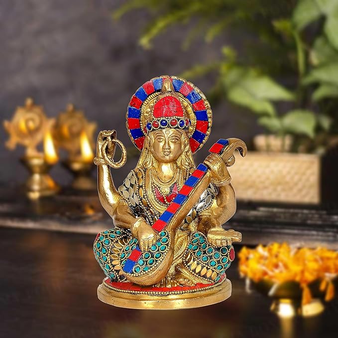 Brass Saraswati Statue Idol for Home Decor | Height : 7 Inches