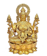 Brass Lakshmi Maa statue front view, detailed crown and lotus seat