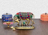 Brass Kamdhenu-style cow and calf idol with jeweled saddle and head details