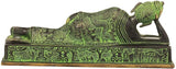 Brass reclining Buddha statue with raised feet and decorative patterned base
