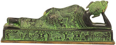 Brass reclining Buddha statue with raised feet and decorative patterned base
