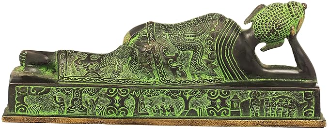 Brass Buddha Statue in Reclining Position (Width: 12 Inches)