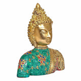 Brass Buddha head sculpture, gold face and teal mosaic robe with flower medallion