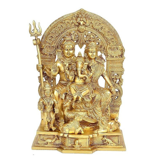 Brass Shiv Parivar Idol Figurine Decorative Showpiece Shiv Family Sculpture for Home Temple Office Gift Item Golden Height 12 Inches