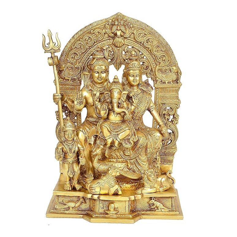 Brass Shiv Parivar Idol Figurine Decorative Showpiece Shiv Family Sculpture for Home Temple Office Gift Item Golden Height 12 Inches