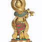 Brass Krishna Statue Idol Playing Flute with Frame for Home Decor | Height : 8.5 Inches (Multi Stone)