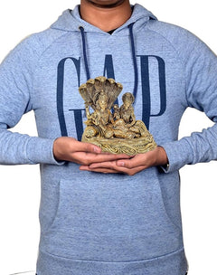 5-inch brass Lakshmi-Vishnu Sheshnag idol statue held in hands for home puja