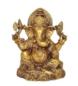 6-inch brass Ganesha statue, four-armed pose with ornate crown and base