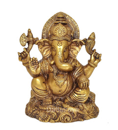 6-inch brass Ganesha statue, four-armed pose with ornate crown and base