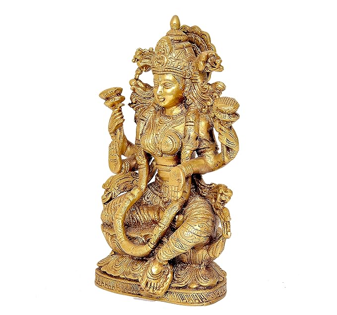 Lord Lakshmi Idol Figurine Maa Lakshmi Showpiece Home Office Temple Golden in Brass (Height: 9.5 Inches)