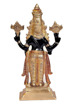 Rear view brass Balaji statue with symmetrical gold motifs, black torso ornaments, pedestal