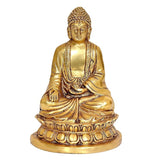 Gold Buddha sitting statue on lotus base, frontal three-quarter view, detailed robe