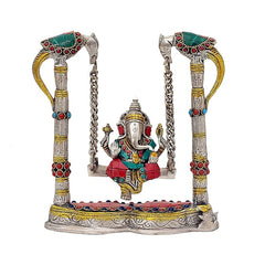Ganesha jhula swing statue with two decorated support pillars, silver chains, brass finish