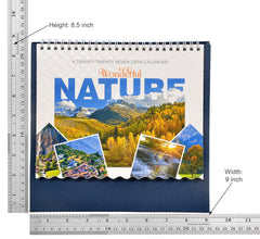 Desk standing nature calendar with size guide: 8.5 in height and 9 in width, blue cover