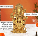 Golden brass Ganesha on lotus, height 9.5 inch