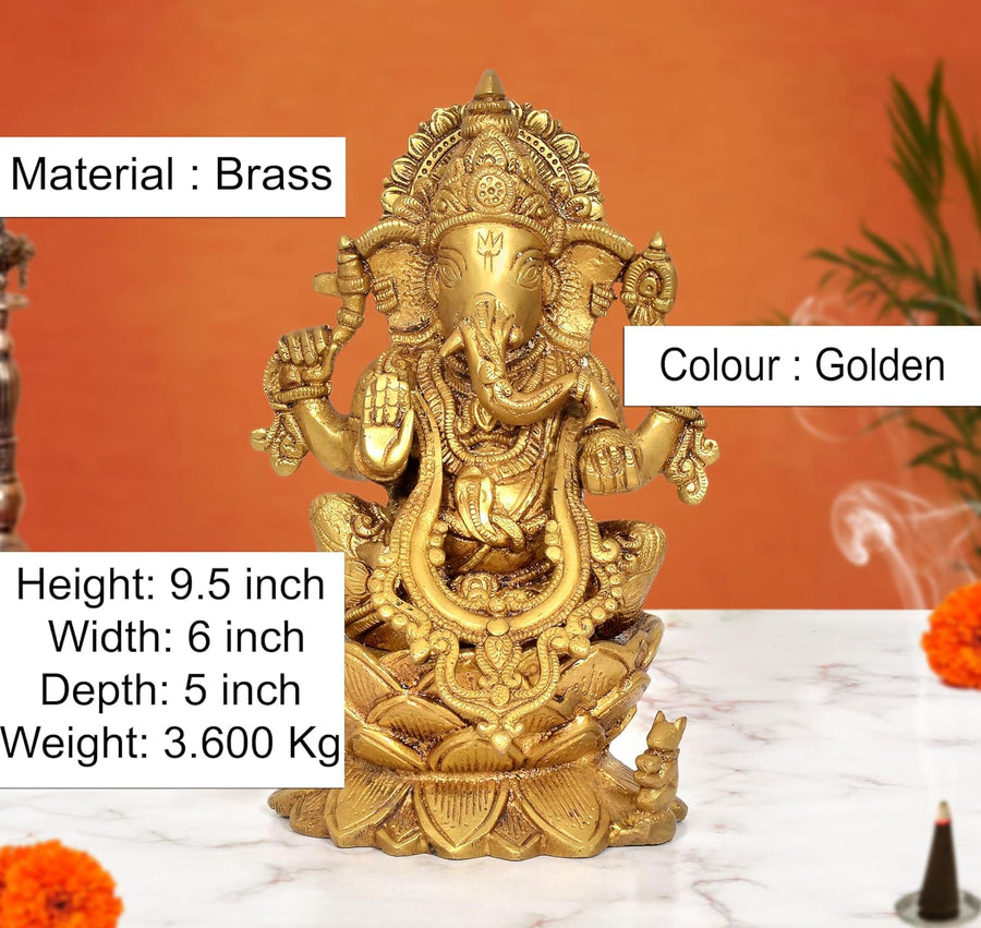 Brass Lord Ganesha Sitting On Lotus Sculpture (Height 9.5 Inch) Craft Detail