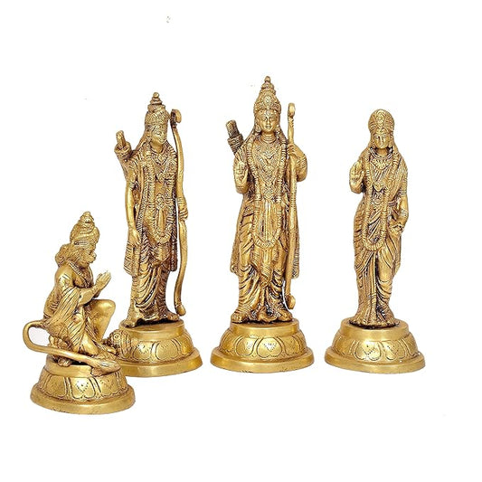 Lord Rama Family Ram Darbar Ram, Sita, Laxman, Hanuman Golden Color Brass Statue (Height 11 Inches)