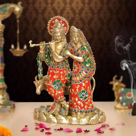 Brass Radha Krishna with Cow Idol (Height 11 Inch)