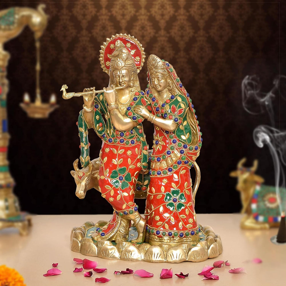 Brass Radha Krishna with Cow Idol (Height 11 Inch)