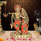 Radha-Krishna Messingfigur mit Kuh, 11" Höhe, bunt bemalte Gewänder
