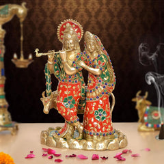 Radha-Krishna Messingfigur mit Kuh, 11" Höhe, bunt bemalte Gewänder
