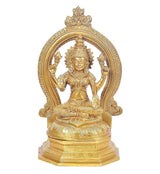 Gold-tone Lakshmi statue with crown and circular arch, seated on pedestal