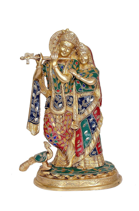 Brass Radha Krishna Idol Statue with Peacock for Home Decor Temple | Height : 11.5 inches