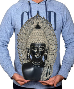 Buddha bust statue holding hands display, black face with silver beaded crown