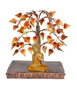 Iron Buddha tree sculpture under bodhi tree, 16 in, seated Buddha on base