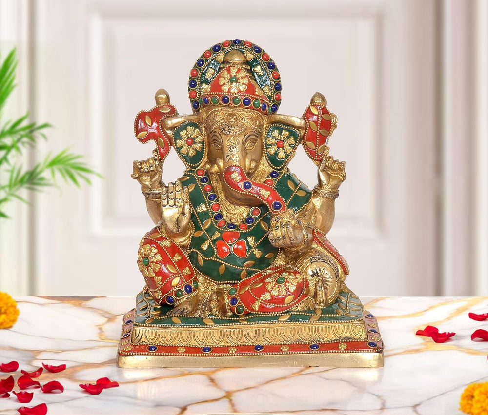 Brass Sitting Lord Ganesha Idol (Height 8 Inch) (Multicolor 1)
