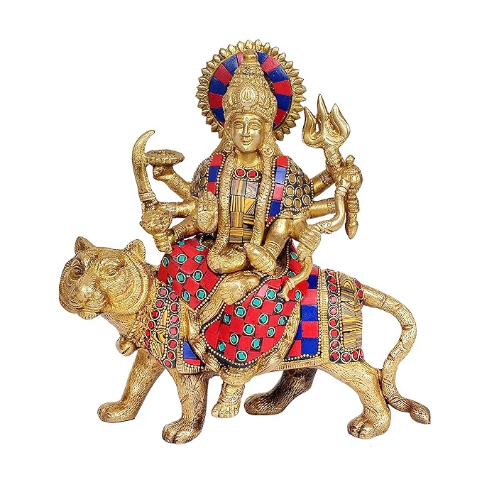 Brass Mother Goddess Durga Statue Sitting on Vehicle, Height 8 inch