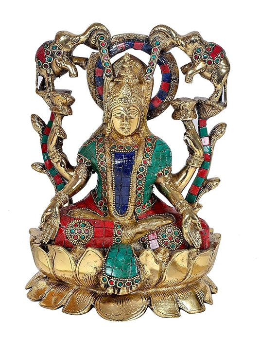 Brass Goddess Lakshmi Sitting On Lotus Idol Statue for Pooja Office Prosperity Wealth Home Warming Showpiece Multicolour Height 11.5 Inches