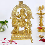 Brass Durga statue idol with ornate frame and lion mount