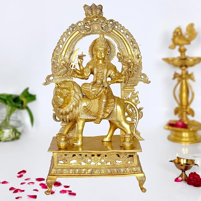 Brass Durga statue idol with ornate frame and lion mount