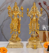 Brass Lakshmi and Vishnu idol pair, 15-inch gold statues with pedestal
