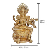 Brass Saraswati statue, height 25 in, seated with veena, ornate crown and jewelry