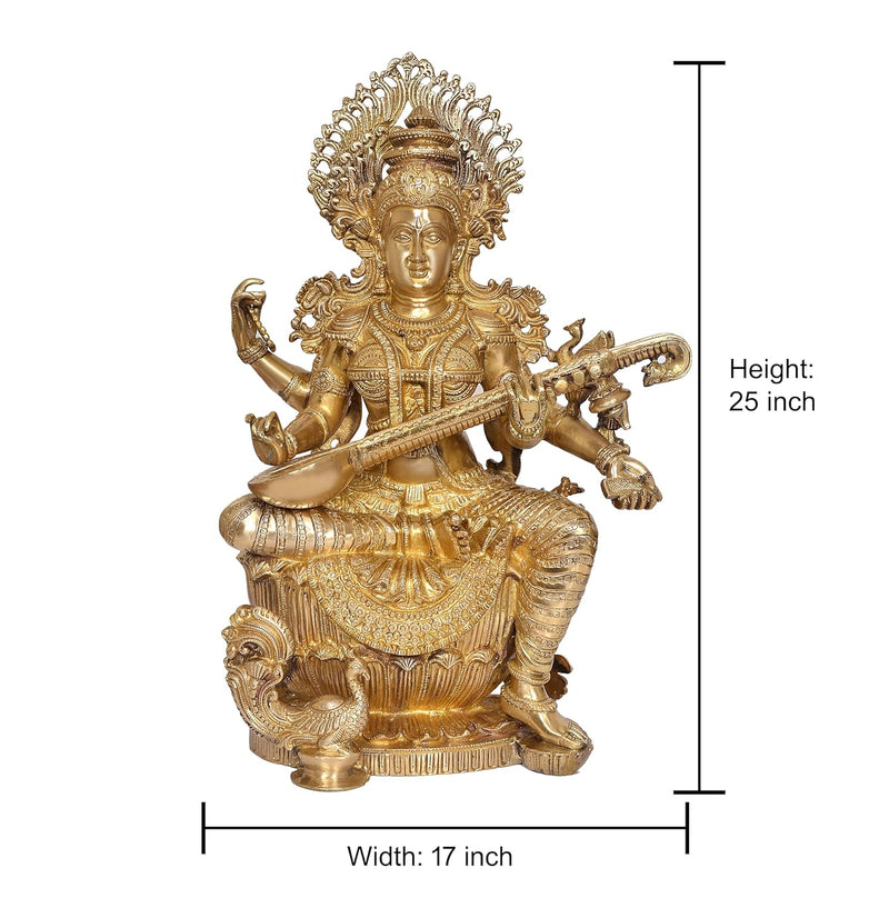 Brass Maa Saraswati Statue - Handcrafted Hindu Goddess Saraswati Idol for Home Decor and Pooja (Height 25 Inch)