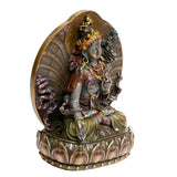 Resin Tara statue side view with floral detailing, ornate crown, seated pose
