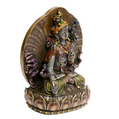 Resin Tara statue side view with floral detailing, ornate crown, seated pose