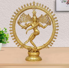 Golden brass Natraj Lord Shiva dancing idol with halo ring and detailed ornaments