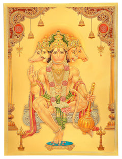 Panchmukhi Hanuman wall poster close-up: ornate crown, central face, gold-foil detail