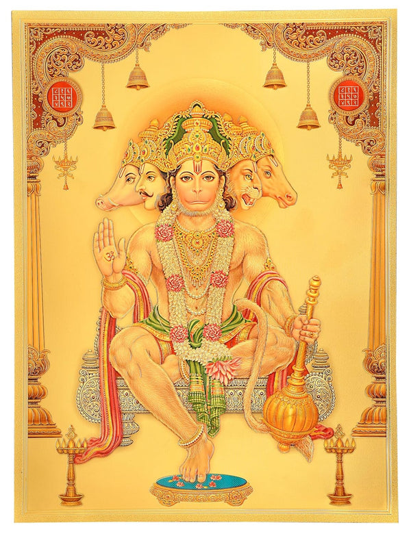 Gold Foil Plated Panchmukhi Hanuman ji Wall Poster |(Height 16 Inch X Width 12 Inch) Study Setting