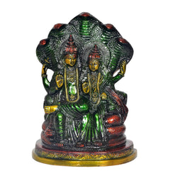 Lakshmi and Vishnu brass idol statue on Sheshnag hood, front view, multicolor finish