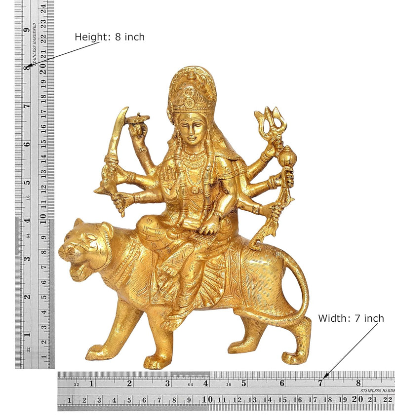 Brass Durga Maa with Lion Idol Hindu Goddess Sherawali MATA Murti MATA Rani Statue Figurine Home Temple (Height: 8 Inch) (Gold)