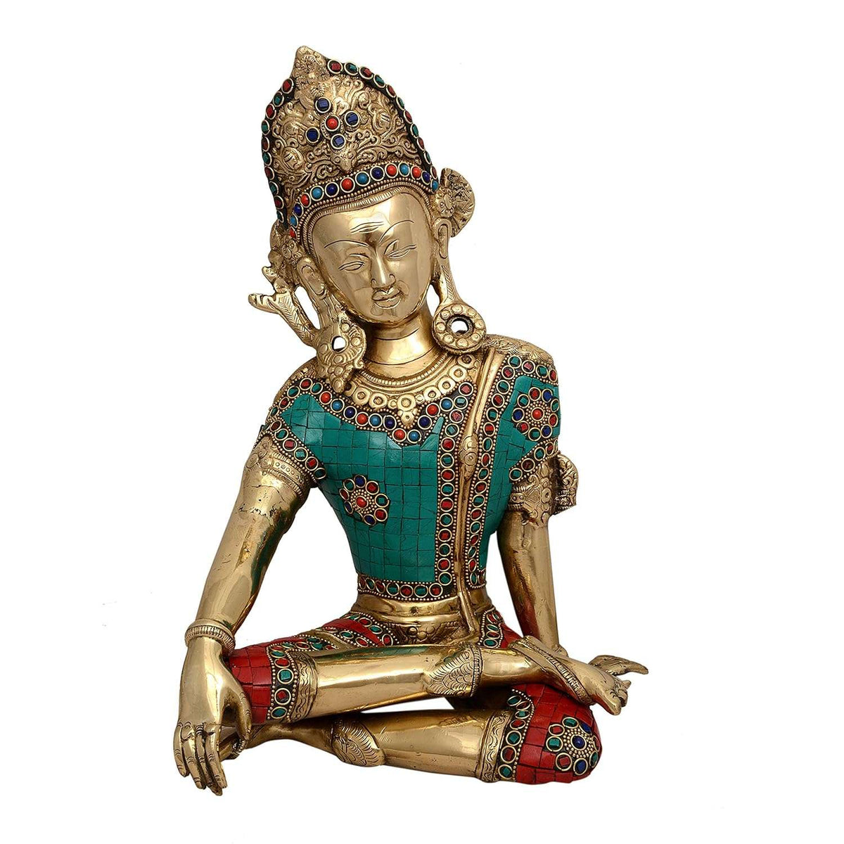 Brass Indra idol, seated cross-legged, jeweled turquoise and red details